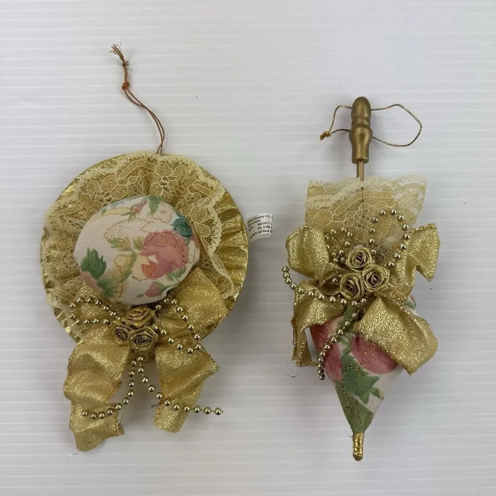 Bradford Novelty Victorian Hat & Parasol Ornaments Gold Lace Floral Fabric Set